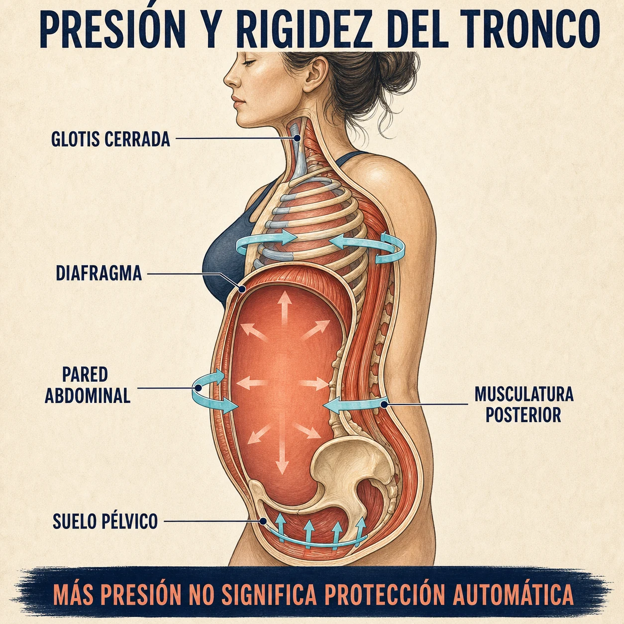 Anatomía femenina ilustrada de la presión y la rigidez del tronco durante la maniobra de Valsalva