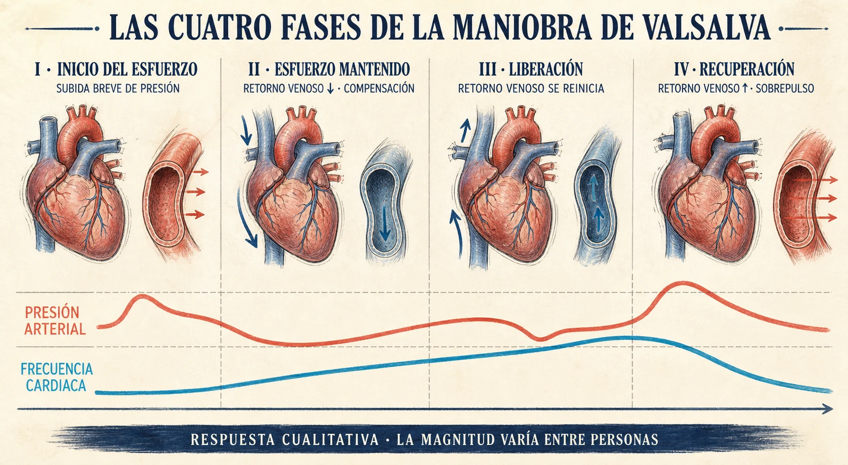 Ilustración de las cuatro fases de la maniobra de Valsalva y sus cambios cardiovasculares