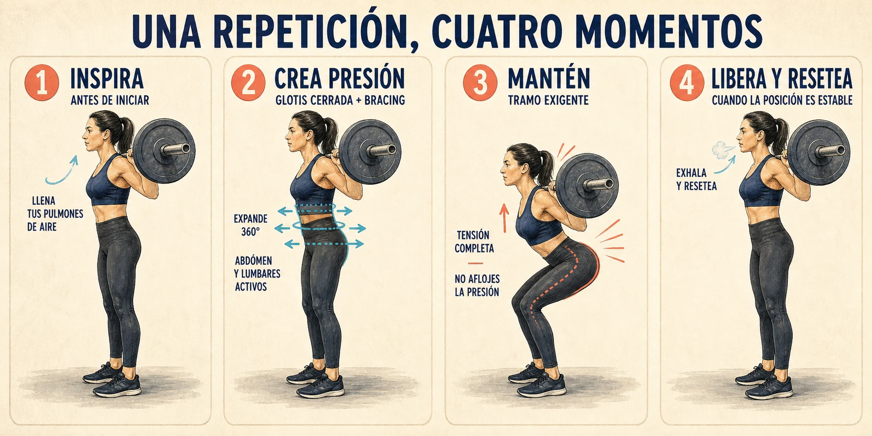 Mujer ilustrada que inspira, crea presión, la mantiene y libera el aire durante una sentadilla