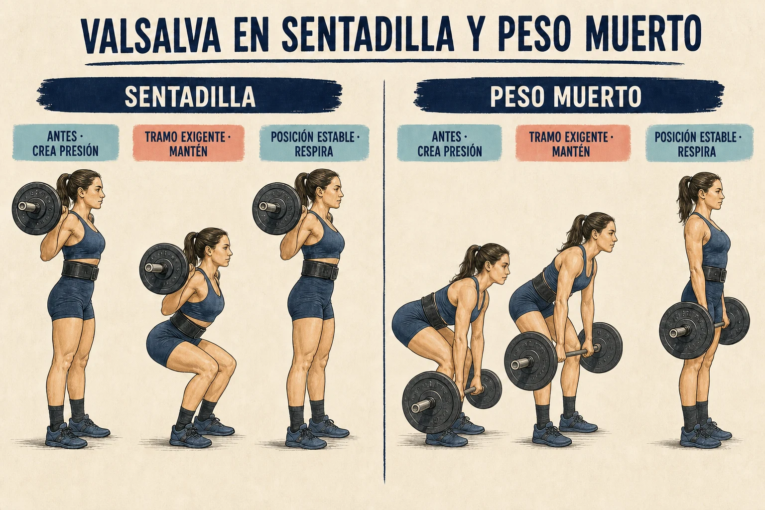 Mujer ilustrada que aplica la maniobra de Valsalva en sentadilla y peso muerto