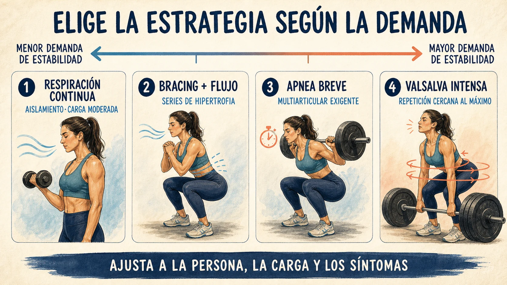 Mujer ilustrada con distintas estrategias respiratorias según la demanda de estabilidad