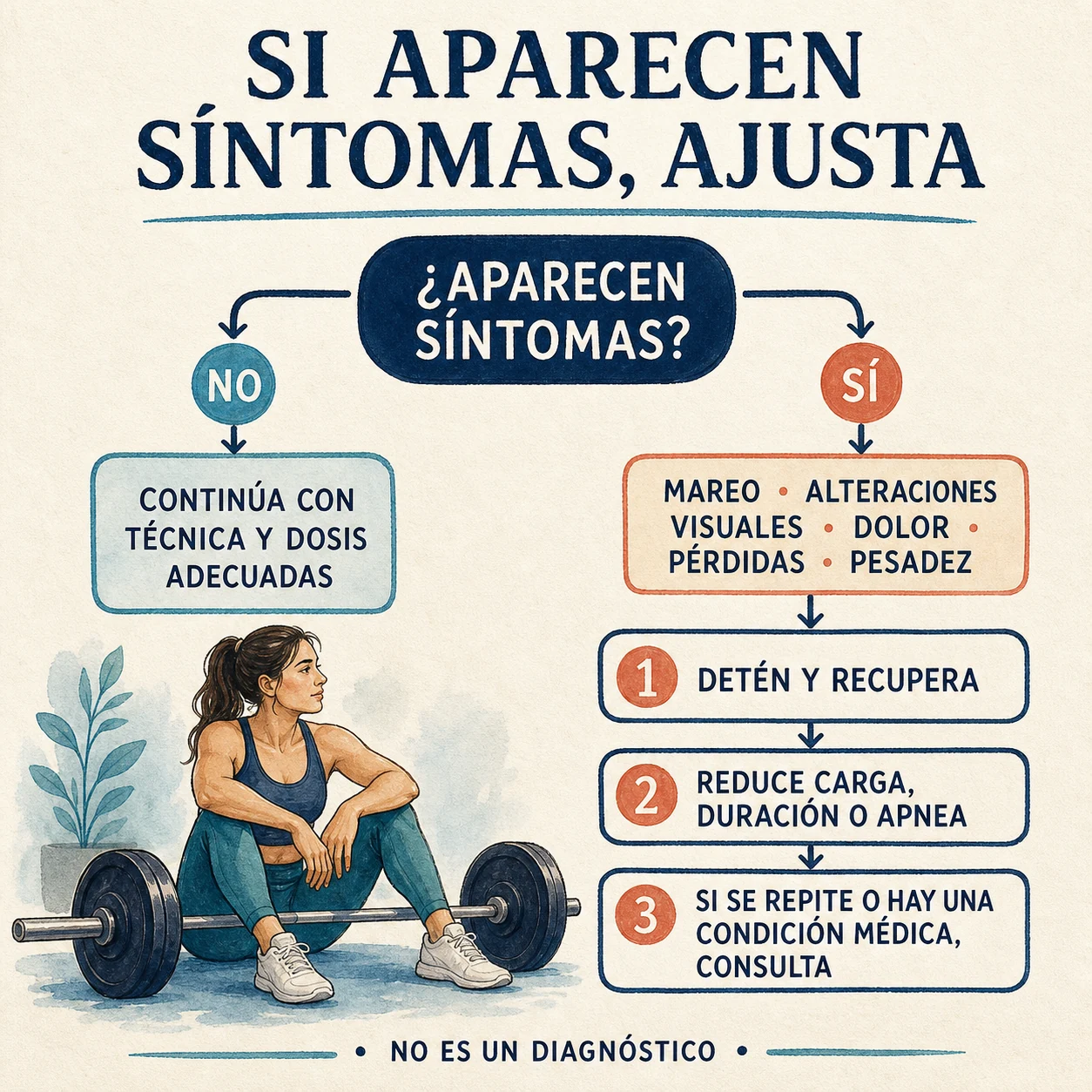 Mujer ilustrada y pasos para ajustar el entrenamiento si aparecen síntomas durante la maniobra de Valsalva
