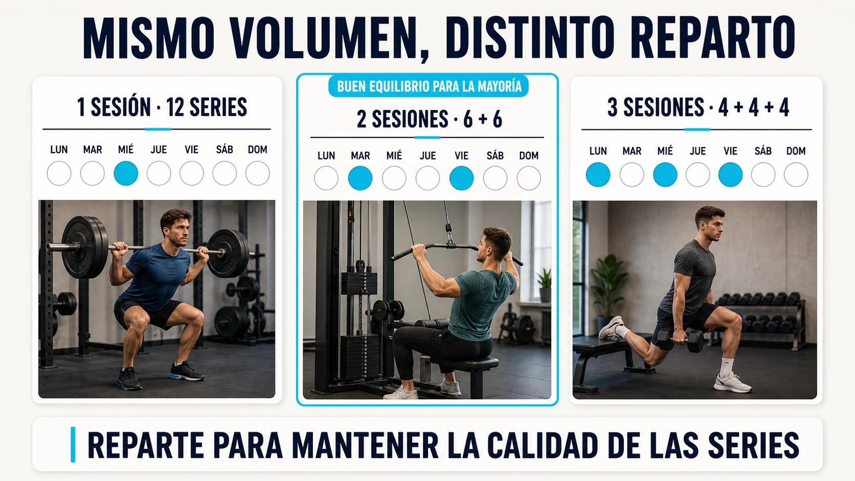 El mismo volumen semanal repartido en una, dos o tres sesiones