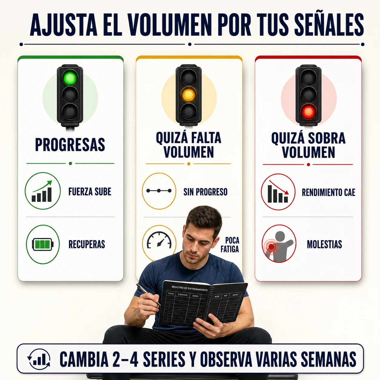 Señales de progreso, falta de volumen o exceso de volumen de entrenamiento