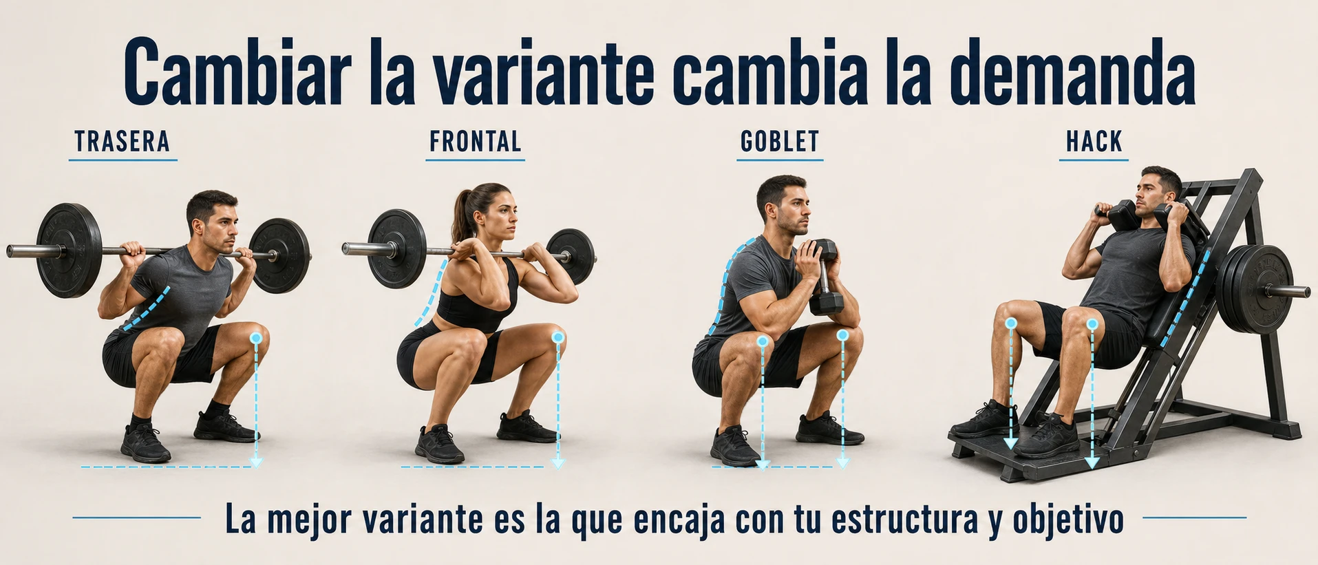 Comparación biomecánica de sentadilla trasera, frontal, goblet y hack