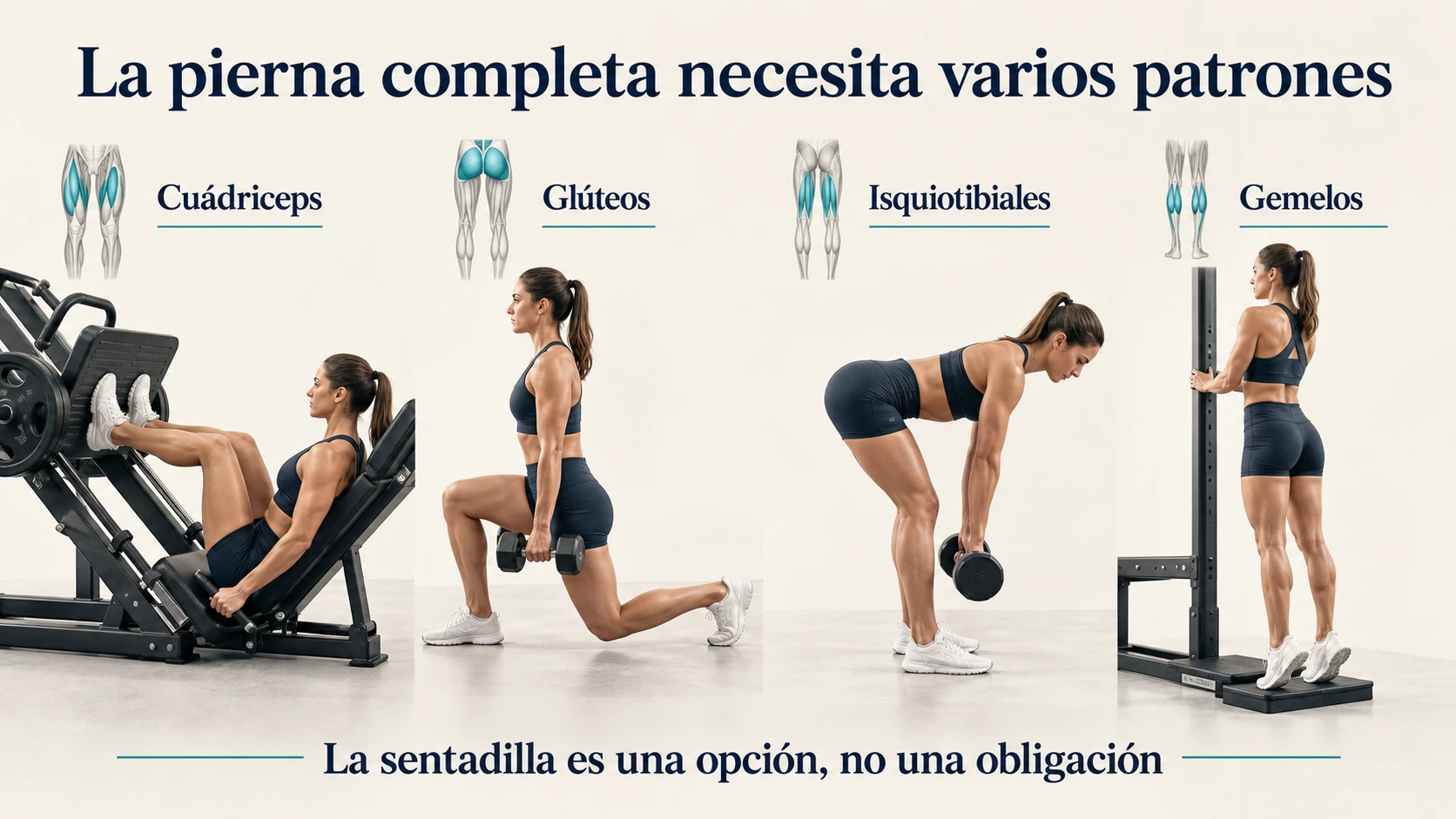 Ejercicios complementarios para desarrollar cuádriceps, glúteos, isquiotibiales y gemelos