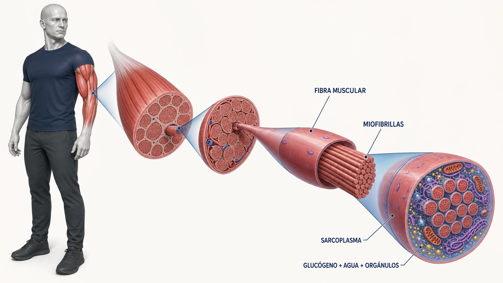 Corte de una fibra muscular con miofibrillas rodeadas por sarcoplasma y reservas energéticas