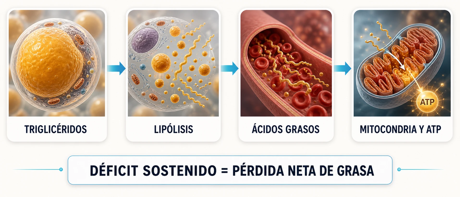 Proceso de lipólisis desde triglicéridos del adipocito hasta oxidación de ácidos grasos y ATP