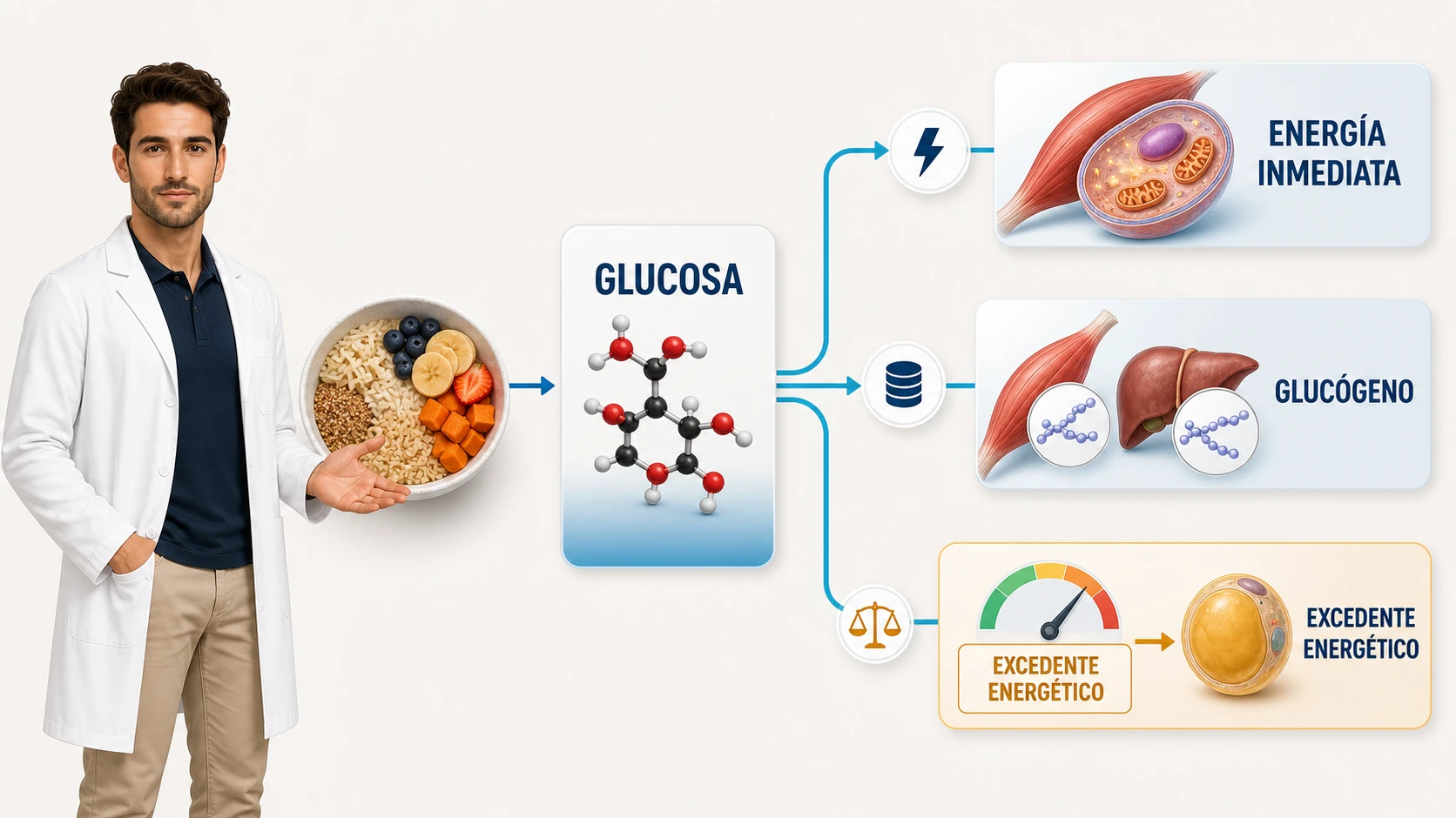 Tres destinos de la glucosa: energía inmediata, almacenamiento como glucógeno y excedente energético
