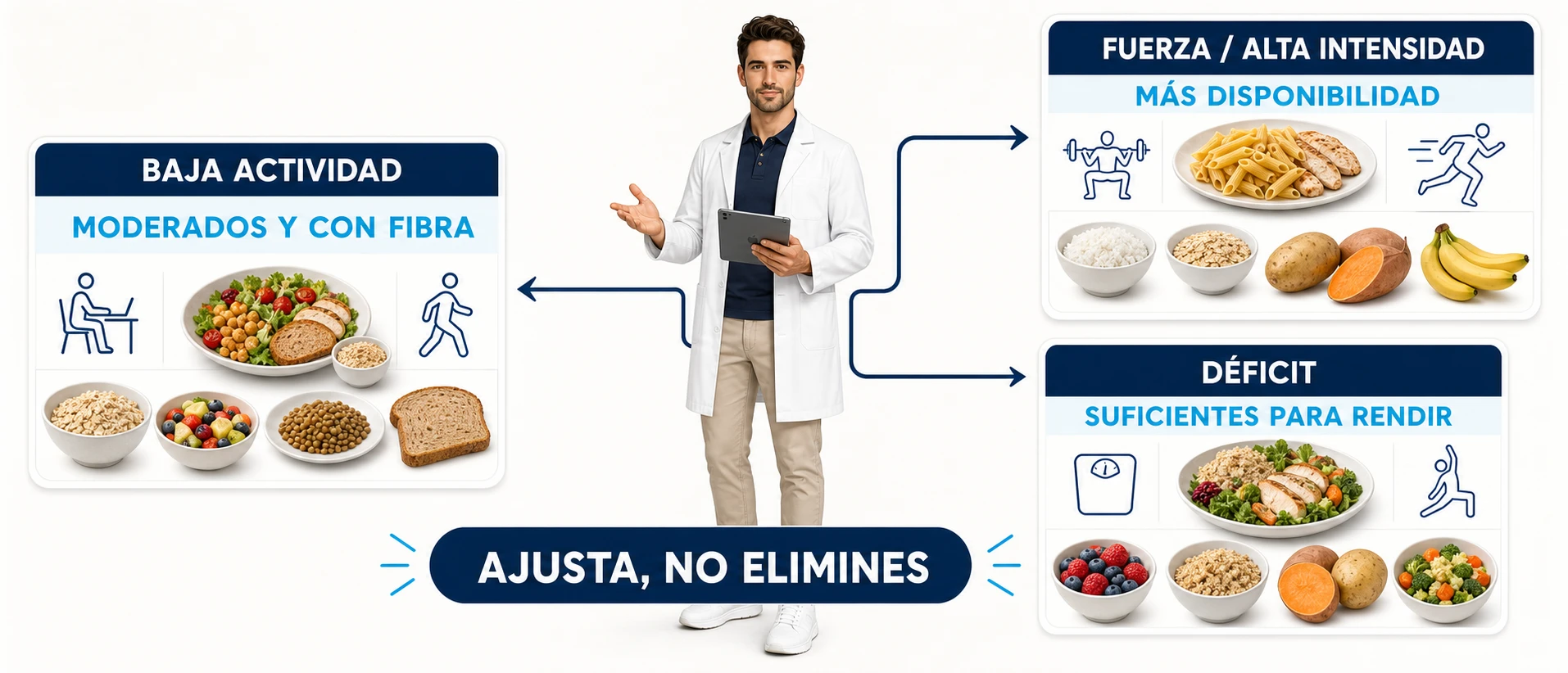 Ajuste de carbohidratos según baja actividad, entrenamiento intenso o déficit calórico