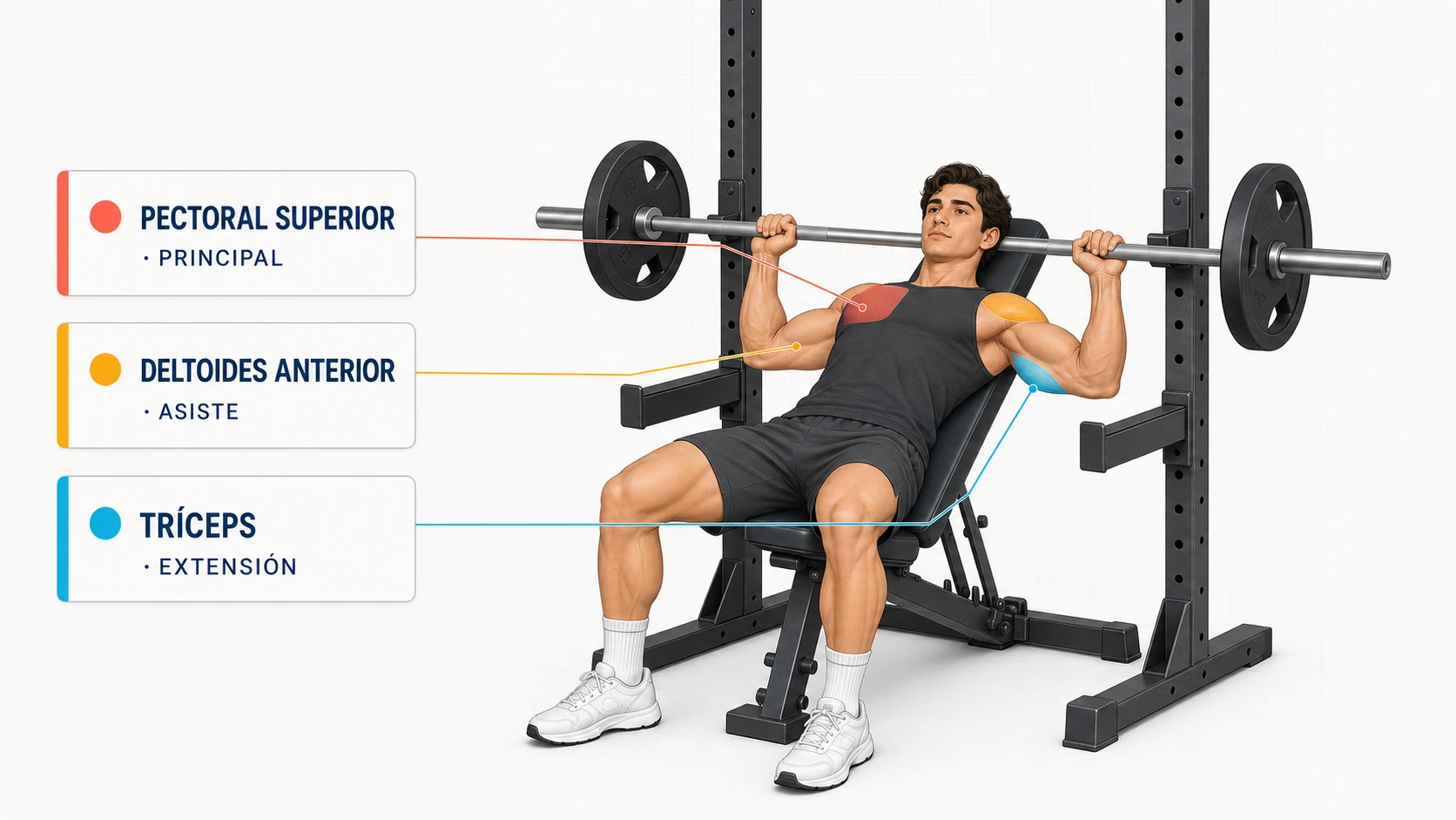Press banca inclinado con pectoral superior, deltoides anterior y tríceps destacados