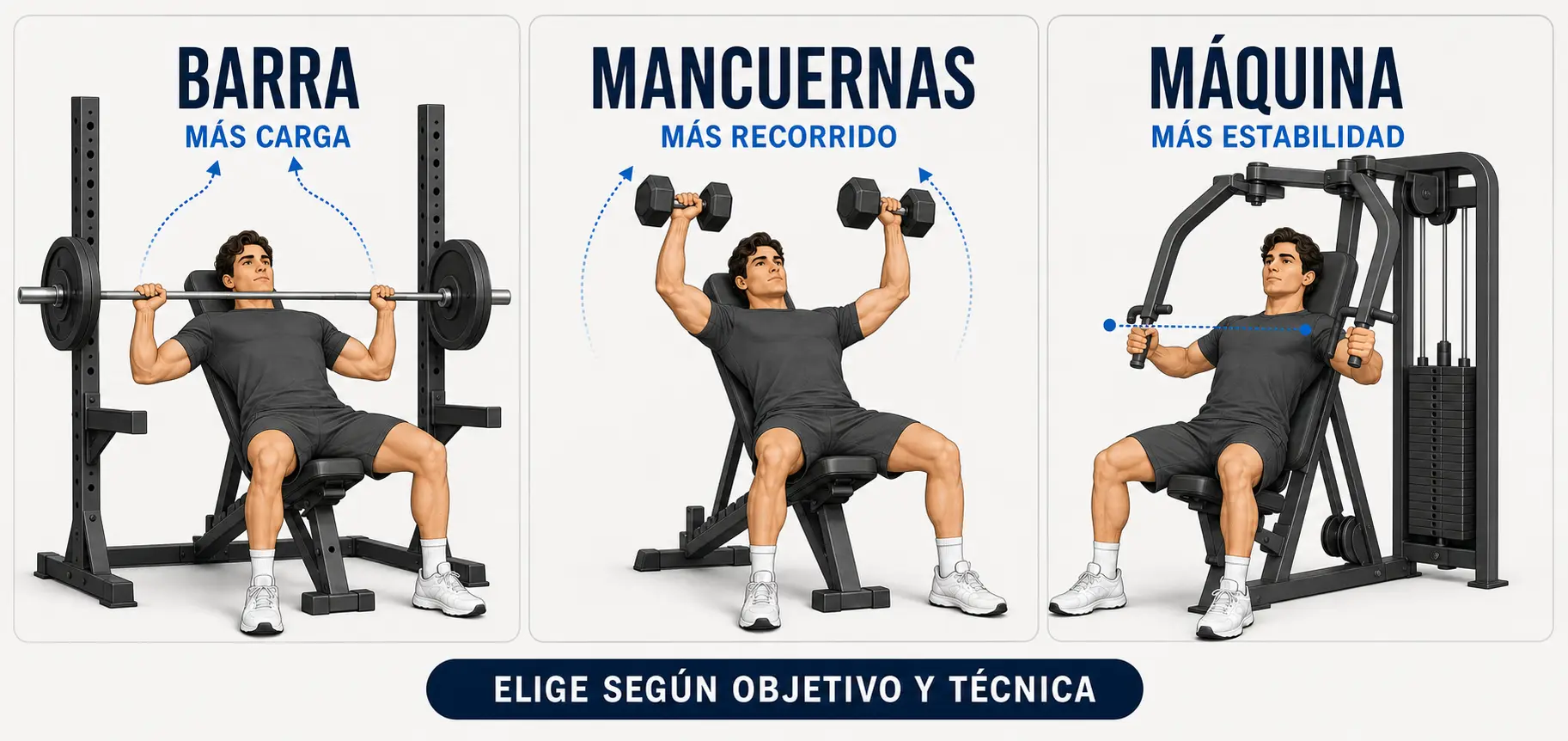 Comparación del press inclinado con barra, mancuernas y máquina