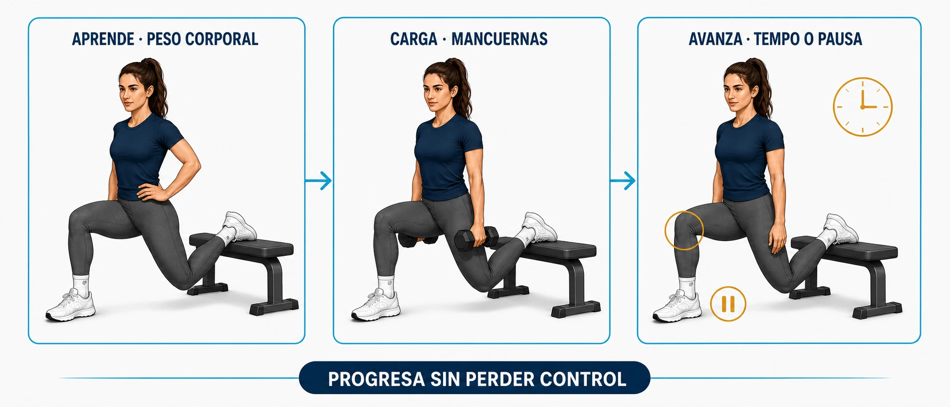 Progresión de la sentadilla búlgara desde peso corporal hasta carga y tempo controlado