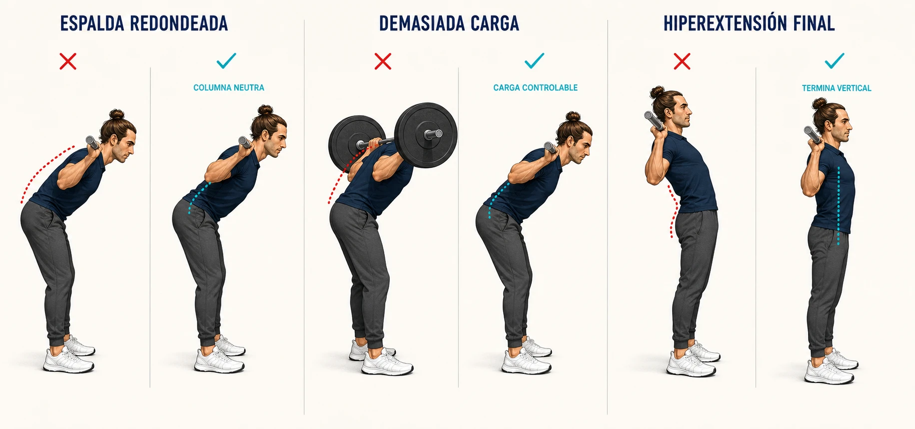 Errores comunes del buenos días: espalda redondeada, exceso de carga e hiperextensión final