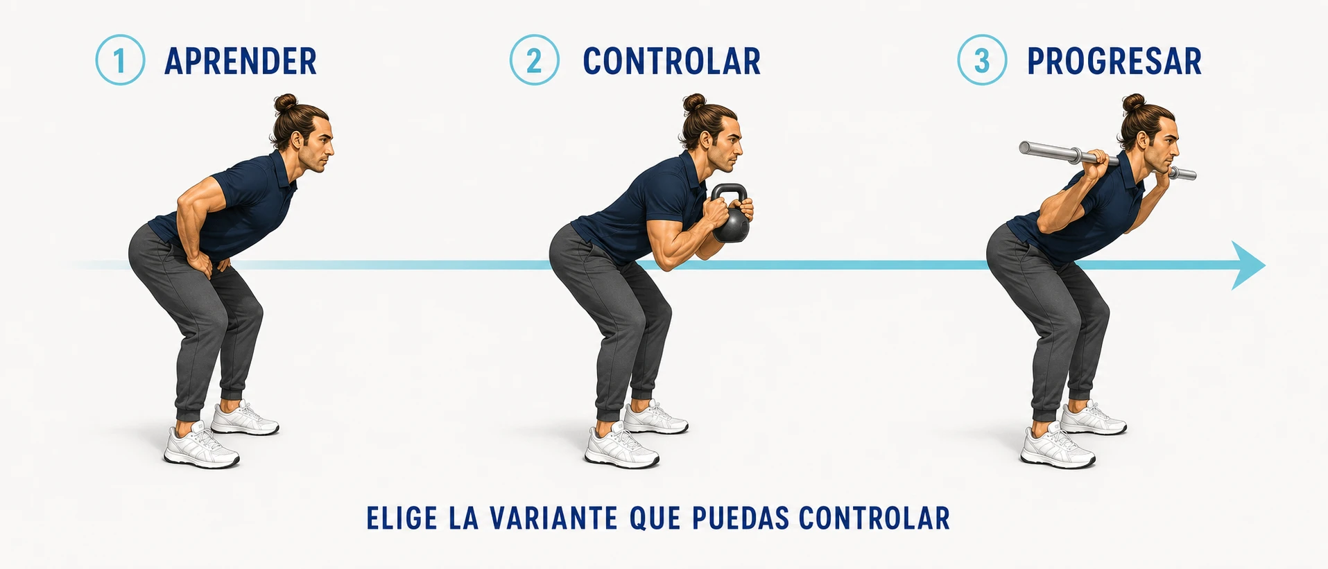 Progresión del buenos días desde peso corporal a kettlebell y barra ligera