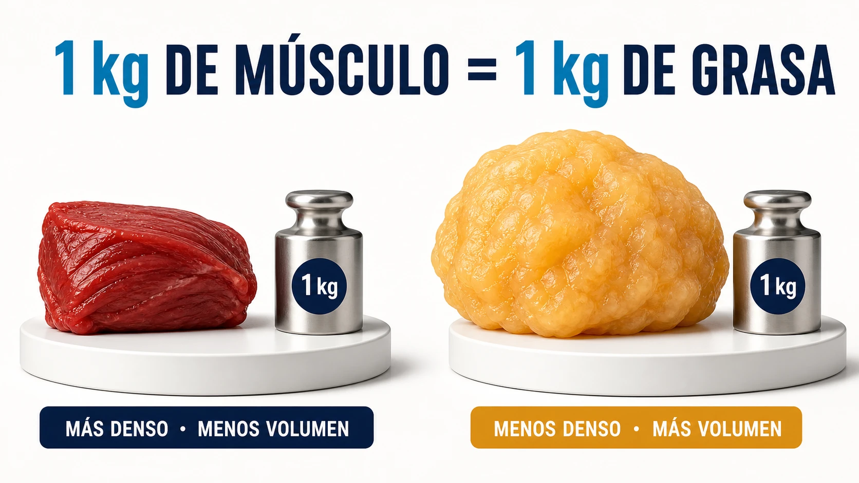 Comparación de un kilo de músculo y un kilo de grasa con distinto volumen por su densidad