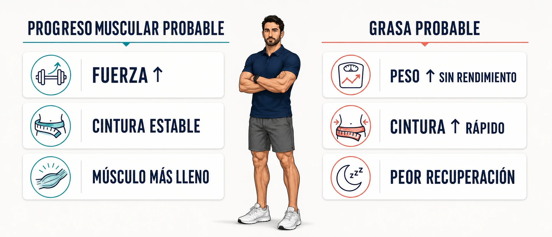 Señales combinadas para diferenciar ganancia muscular probable de ganancia de grasa
