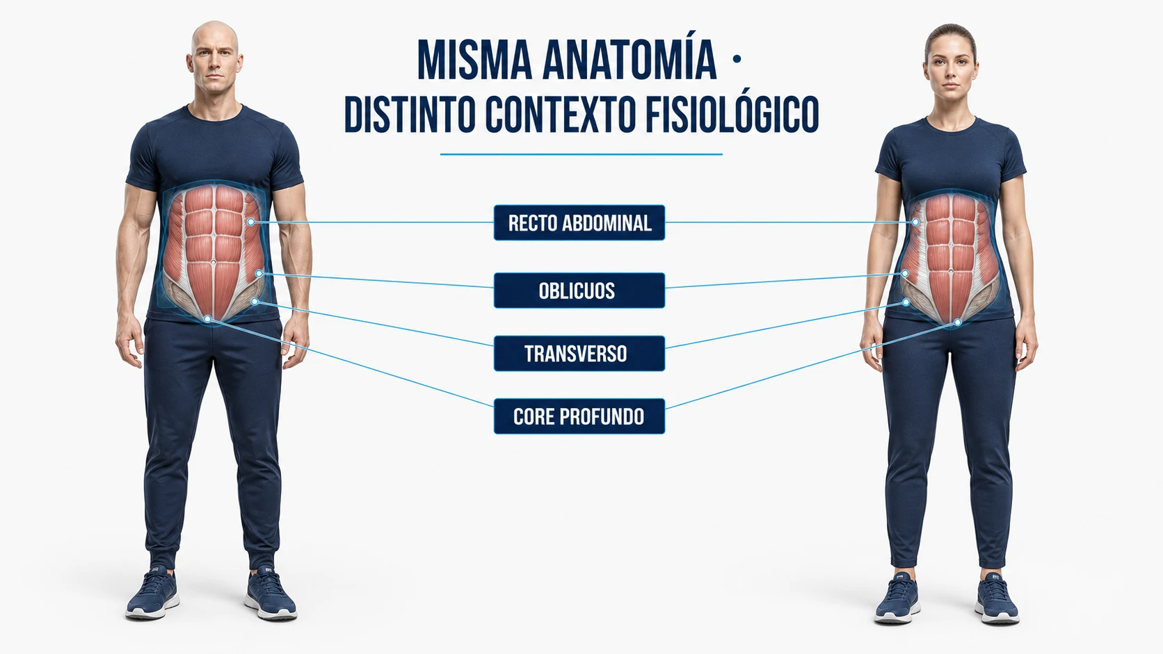 Anatomía abdominal masculina y femenina con recto abdominal, oblicuos, transverso y core profundo