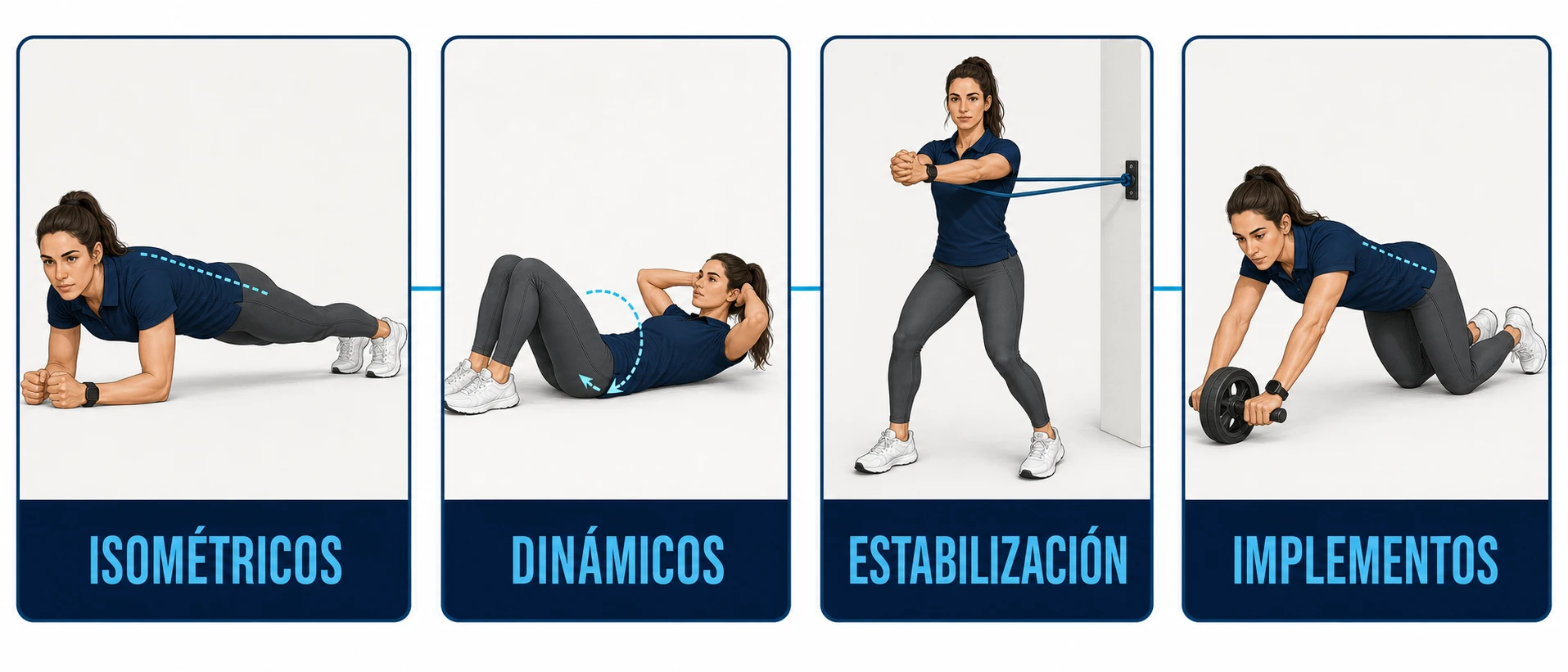 Cuatro familias de ejercicios abdominales: isométricos, dinámicos, estabilización y con implementos