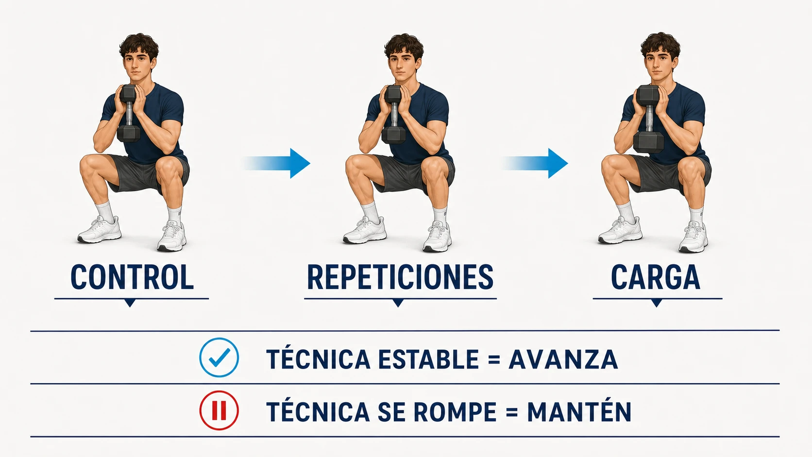 Progresión para principiantes basada en control, repeticiones y aumento gradual de carga
