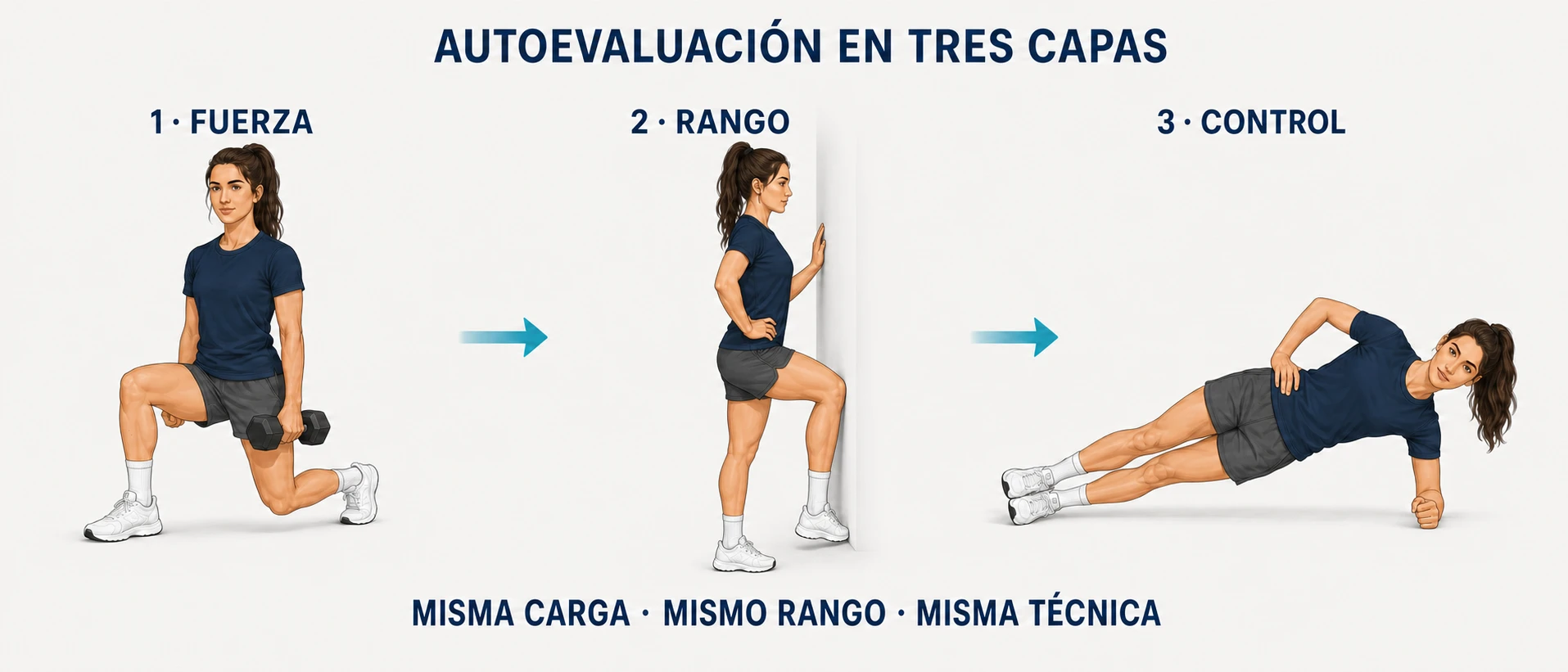 Autoevaluación de descompensaciones mediante fuerza, rango de movimiento y control