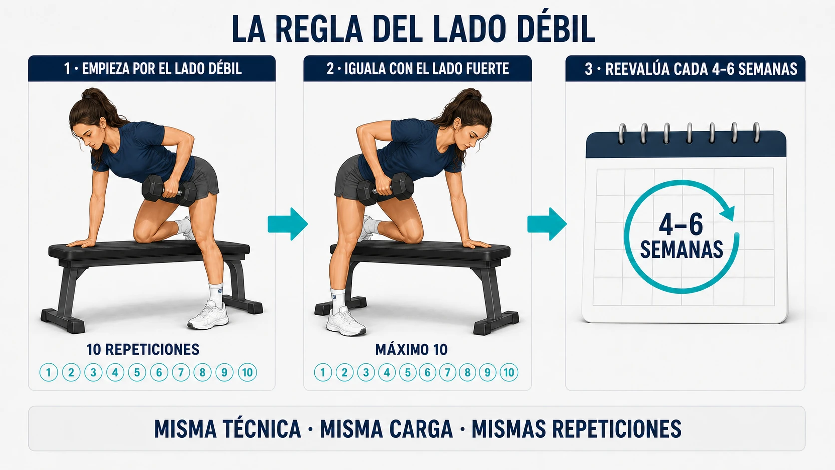 Regla para empezar por el lado débil e igualar repeticiones con el lado fuerte