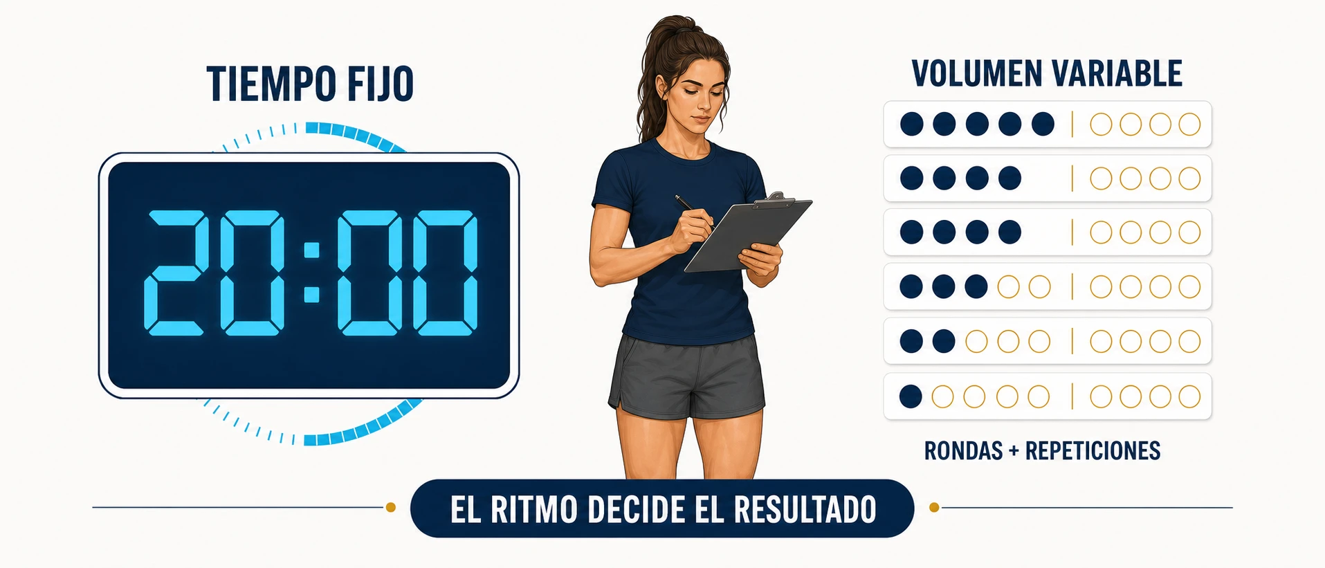 Esquema AMRAP con tiempo fijo y volumen variable según el ritmo