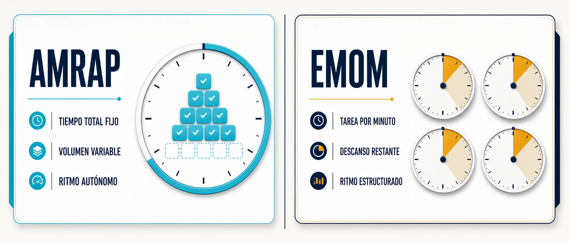 Diferencias entre AMRAP y EMOM en tiempo, volumen, descanso y gestión del ritmo