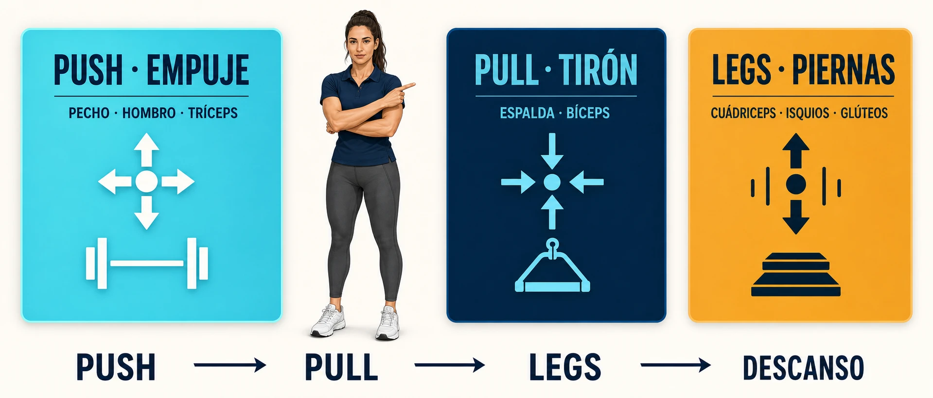 Estructura Push Pull Legs con músculos trabajados en empuje, tirón y piernas