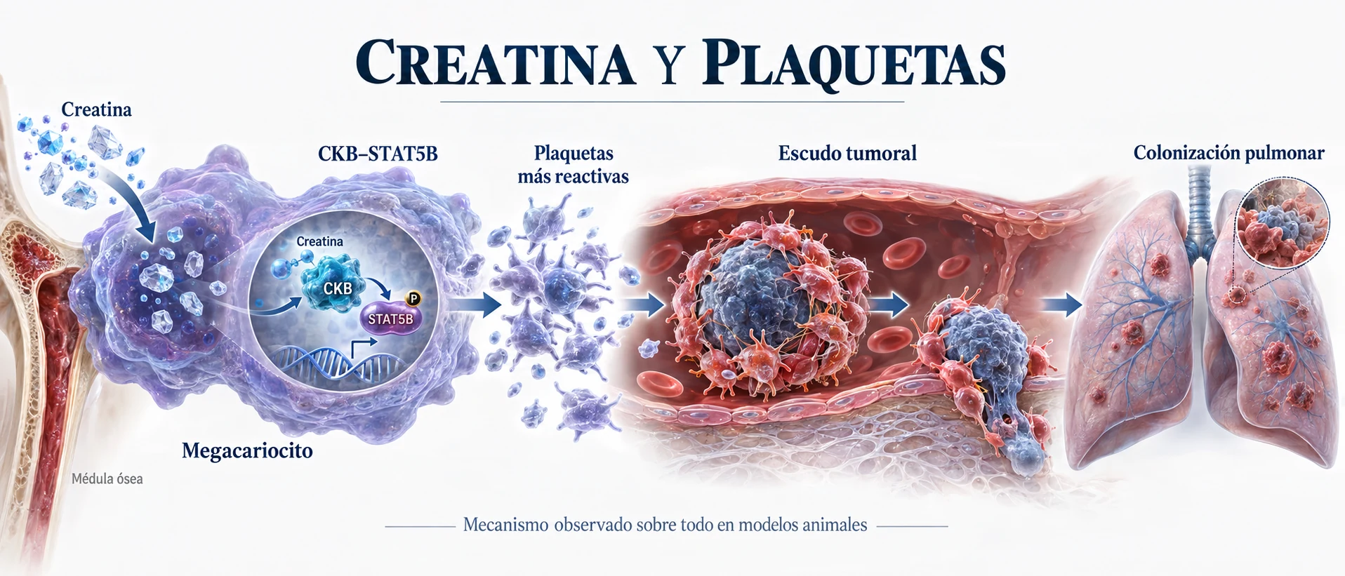 Diagrama del mecanismo experimental por el que la creatina aumenta la reactividad plaquetaria y favorece la colonización pulmonar en modelos animales