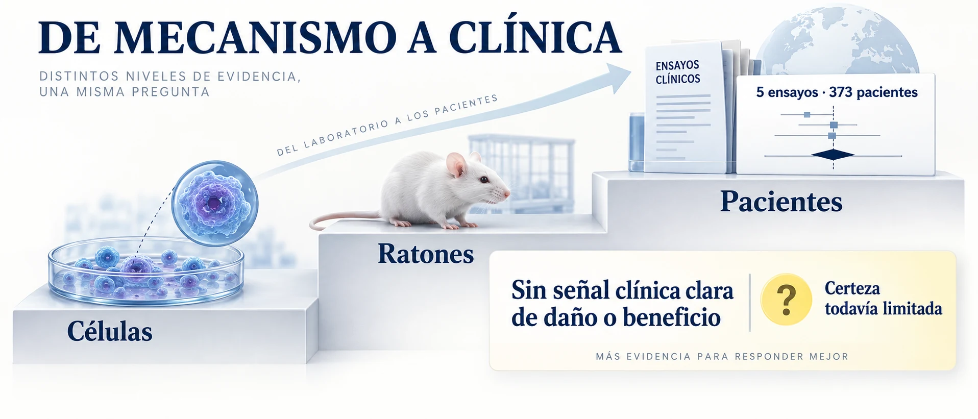 Jerarquía de evidencia desde estudios celulares y animales hasta cinco ensayos con 373 pacientes con cáncer