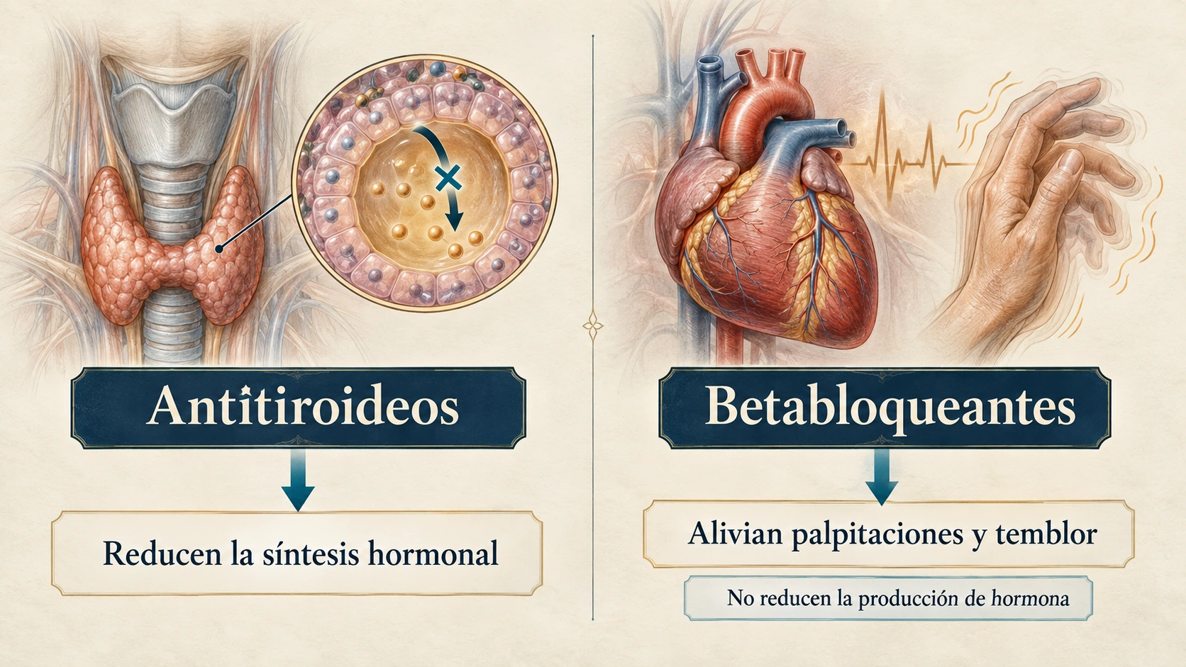 Los antitiroideos reducen la síntesis hormonal; los betabloqueantes alivian palpitaciones y temblor sin reducir la producción de hormona tiroidea.