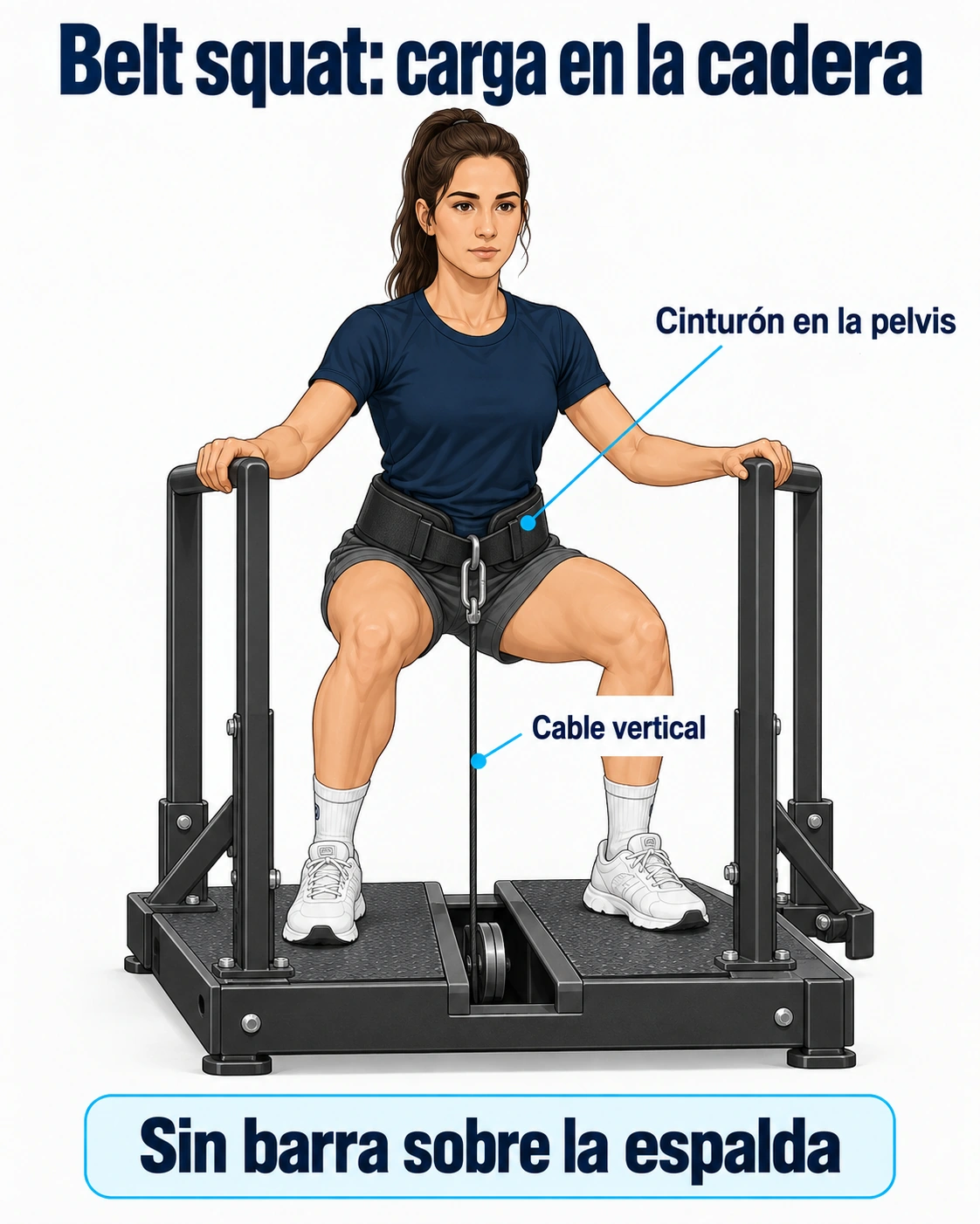 Alumna en belt squat con cinturón de cadera unido a un cable vertical entre los pies