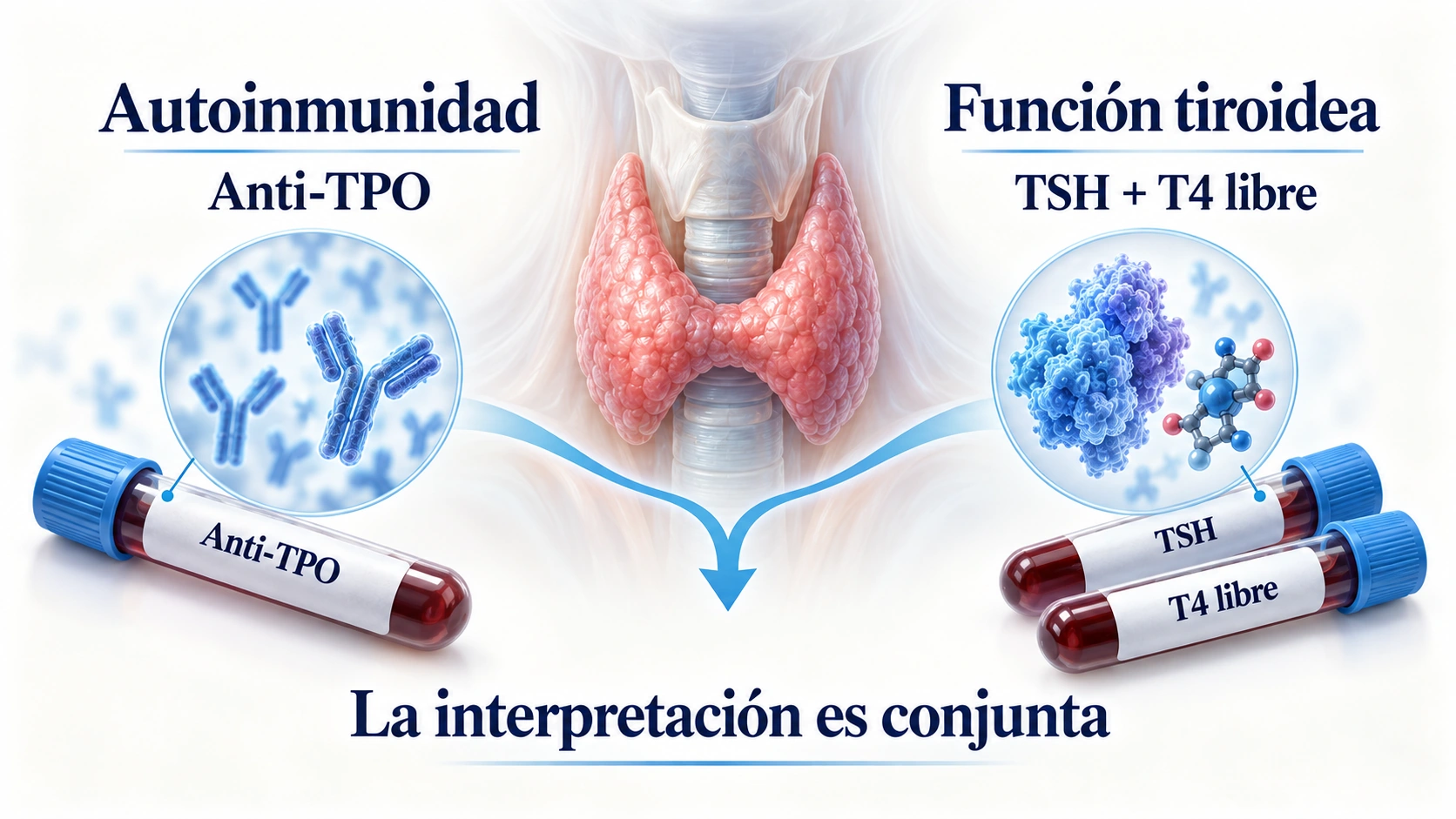 Pruebas de autoinmunidad anti-TPO y de función tiroidea TSH y T4 libre interpretadas en conjunto