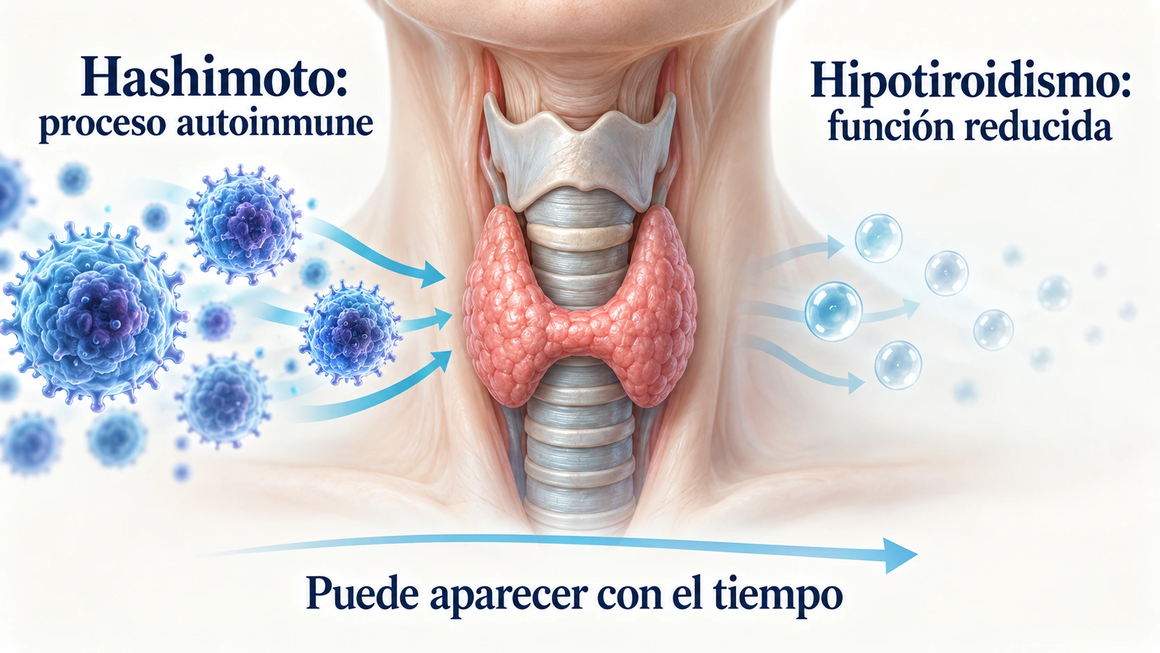 Ilustración de la respuesta autoinmune sobre la tiroides y la posible disminución posterior de su función