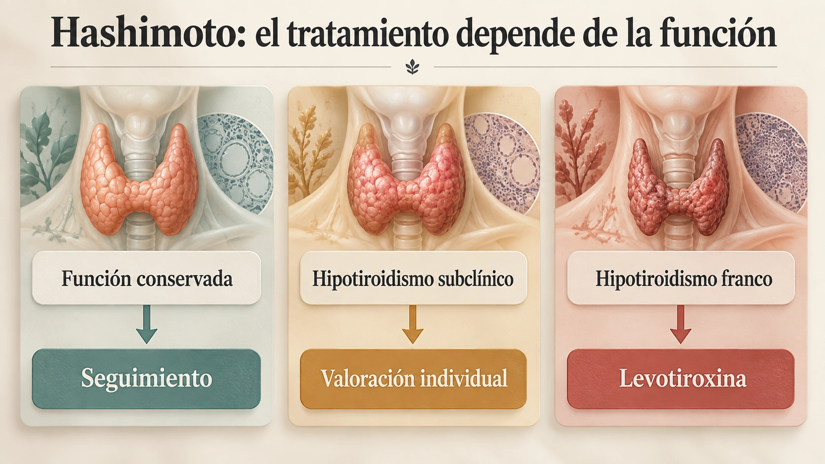 Diagrama de Hashimoto: función tiroidea conservada y seguimiento; hipotiroidismo subclínico y valoración individual; hipotiroidismo franco y levotiroxina.