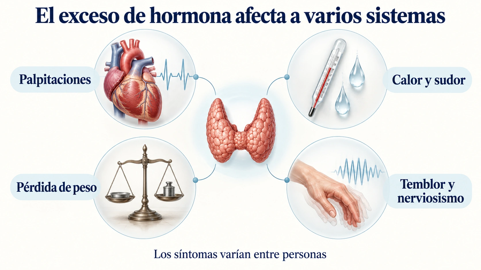 Síntomas de hipertiroidismo en distintos sistemas: palpitaciones, calor, pérdida de peso y temblor