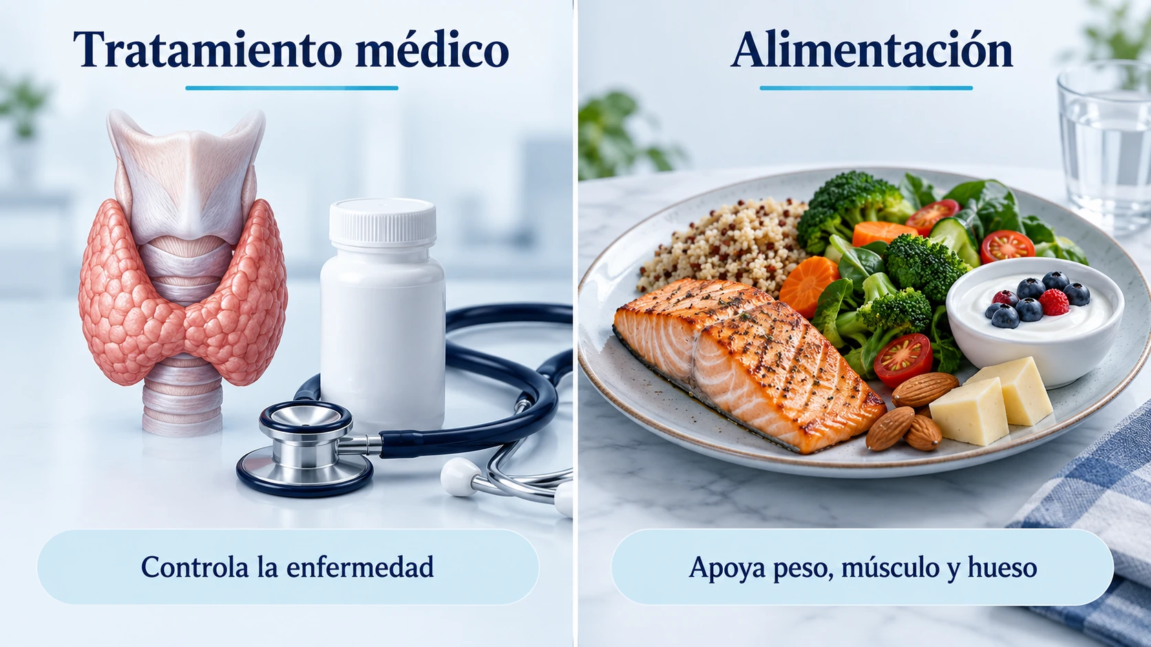 El tratamiento médico controla el hipertiroidismo y la alimentación ayuda a mantener peso, músculo y hueso