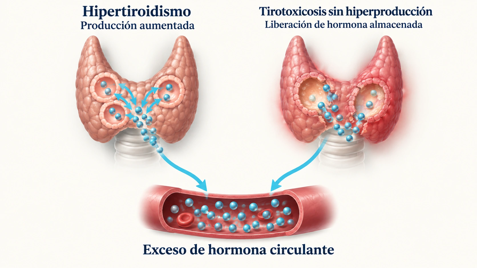 Dos mecanismos de tirotoxicosis: producción tiroidea aumentada y liberación de hormona almacenada