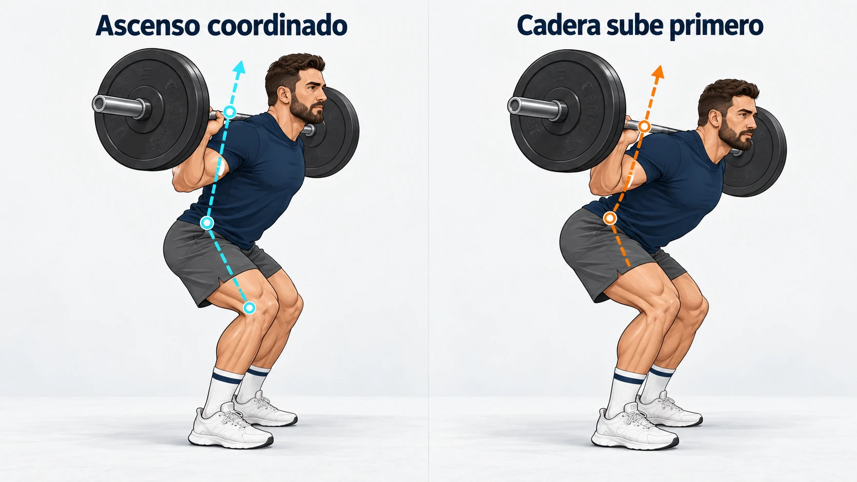 Comparación entre ascenso coordinado de cadera y hombros y el error de subir primero la cadera en sentadilla