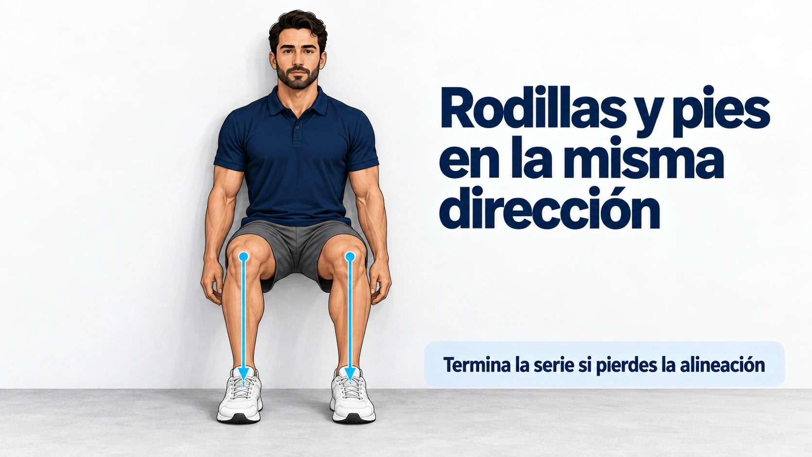 Vista frontal de sentadilla isométrica con rodillas alineadas con los pies y apoyo completo en el suelo