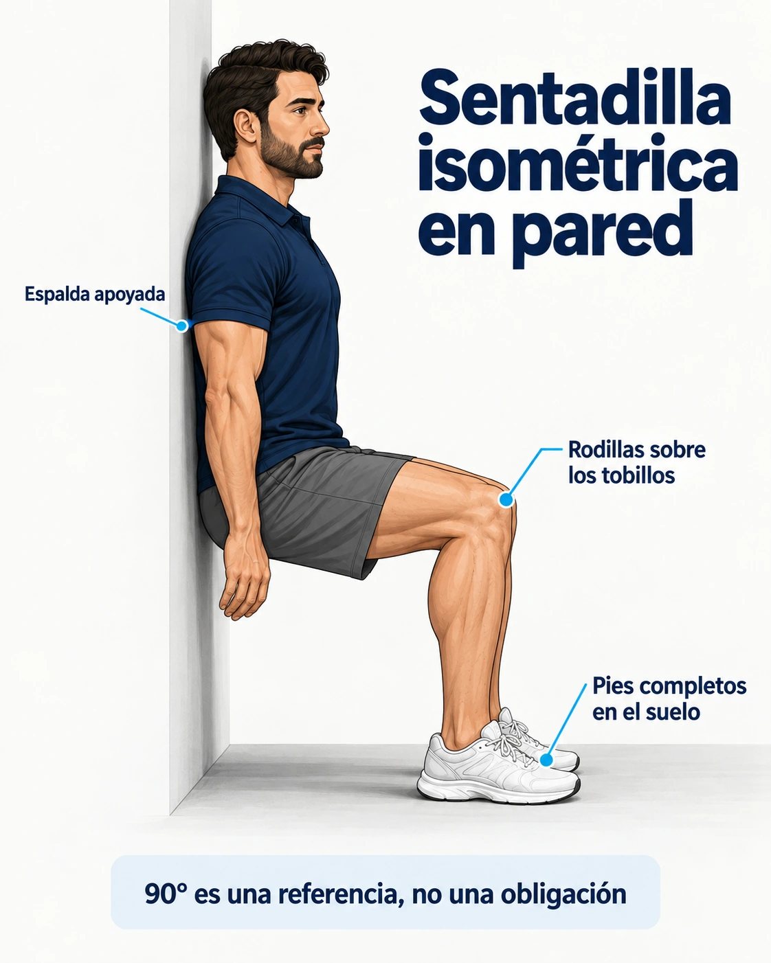 Posición lateral de sentadilla isométrica en pared con espalda apoyada, pies planos y rodillas sobre los tobillos
