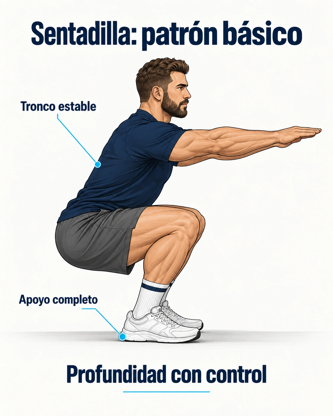 Sentadilla sin carga con tronco estable, talones apoyados y profundidad controlada