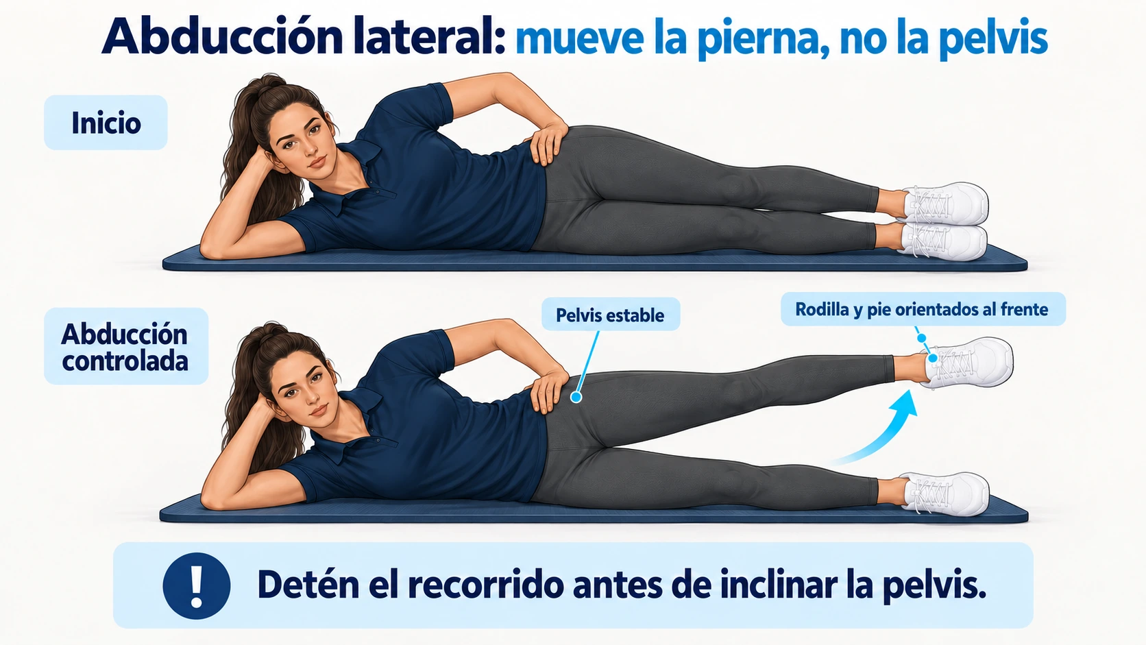 Abducción lateral de cadera tumbada, con pelvis estable y elevación de la pierna superior.