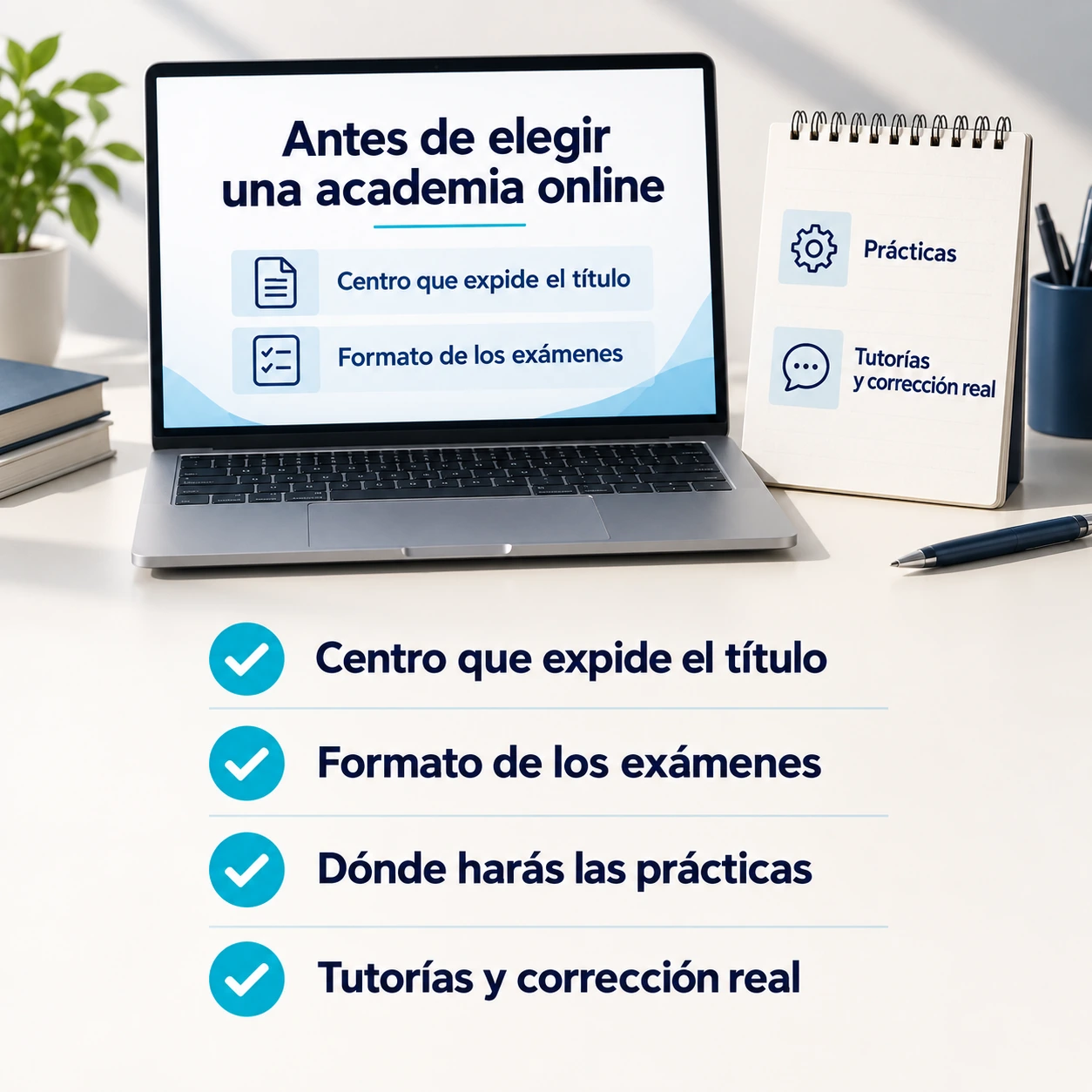 Cuatro comprobaciones de una academia online: centro emisor, exámenes, prácticas y tutorías con corrección real.