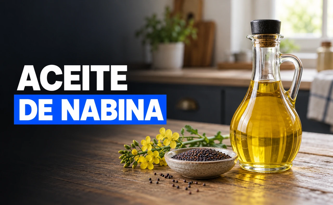Aceitera de vidrio con aceite dorado junto a un cuenco de semillas y flores amarillas de colza, con el titular «Aceite de nabina».