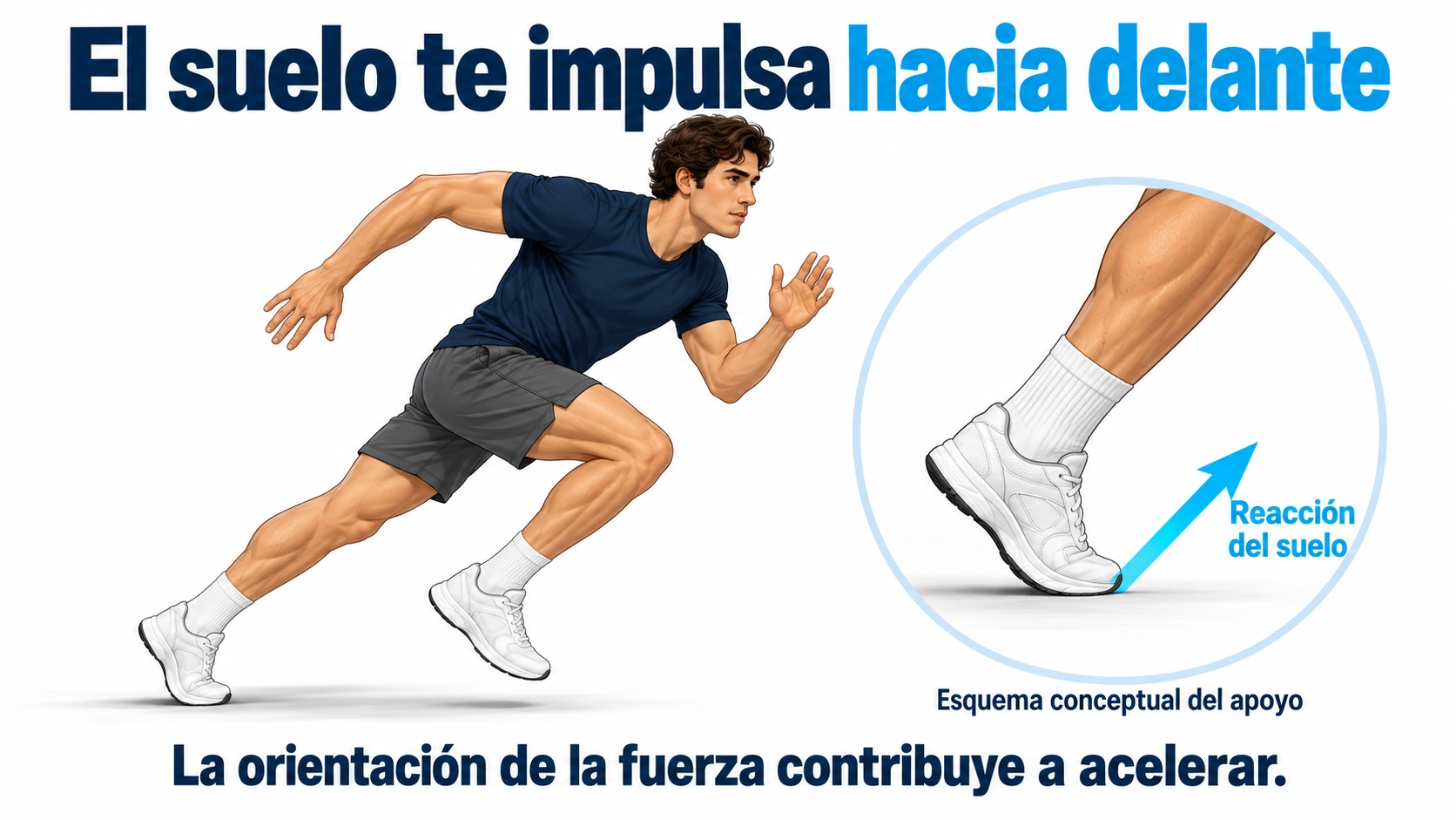 Corredor en aceleración y ampliación del apoyo con la reacción del suelo orientada hacia arriba y delante
