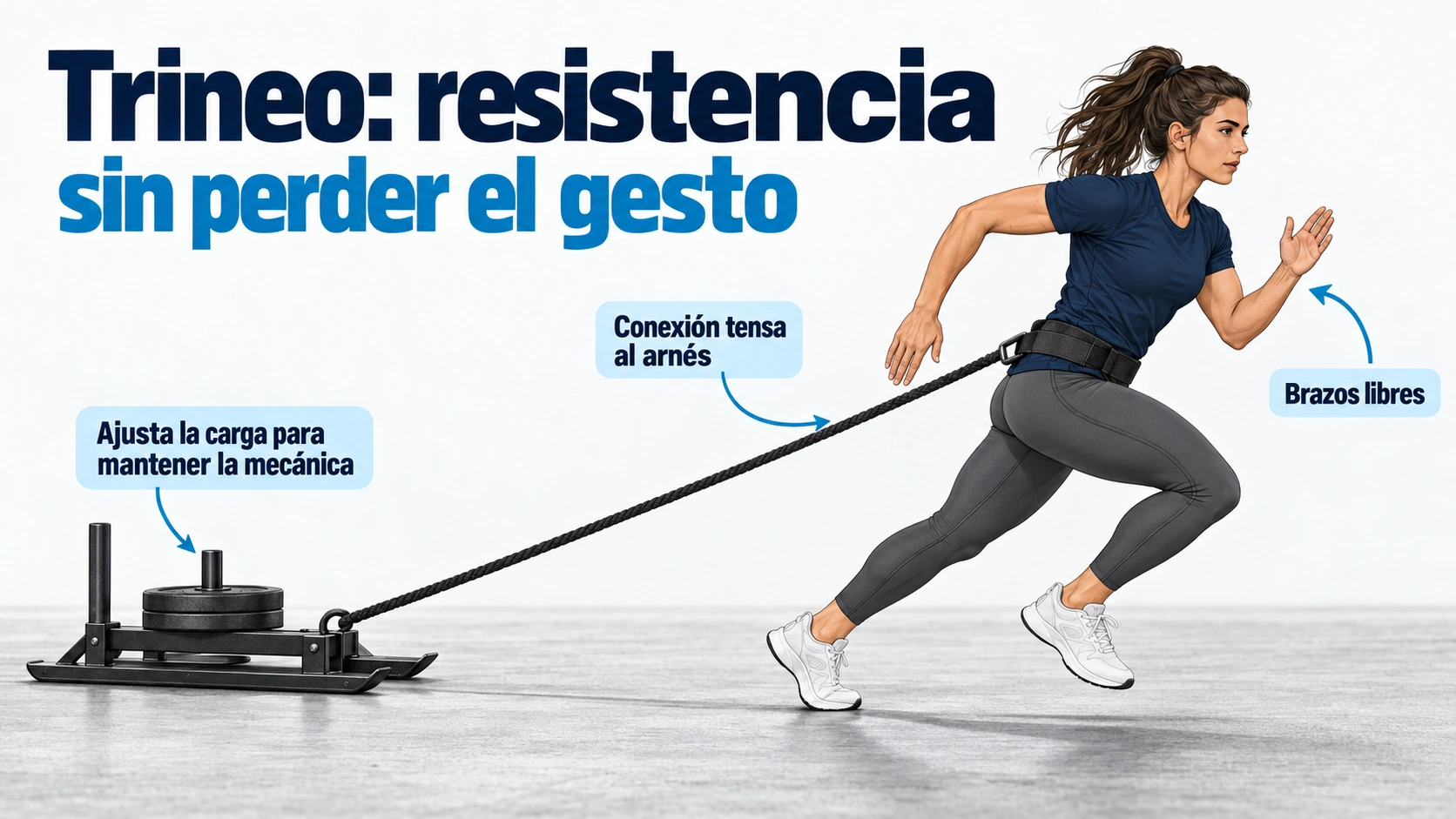 Sprint con trineo arrastrado mediante una cuerda tensa unida al arnés de cintura y brazos libres