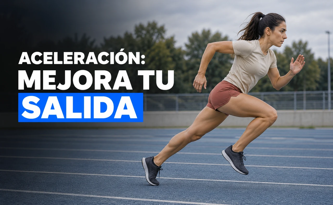 Deportista joven con camiseta beige y pantalón terracota acelerando en una pista de atletismo, con el titular «Aceleración: mejora tu salida».