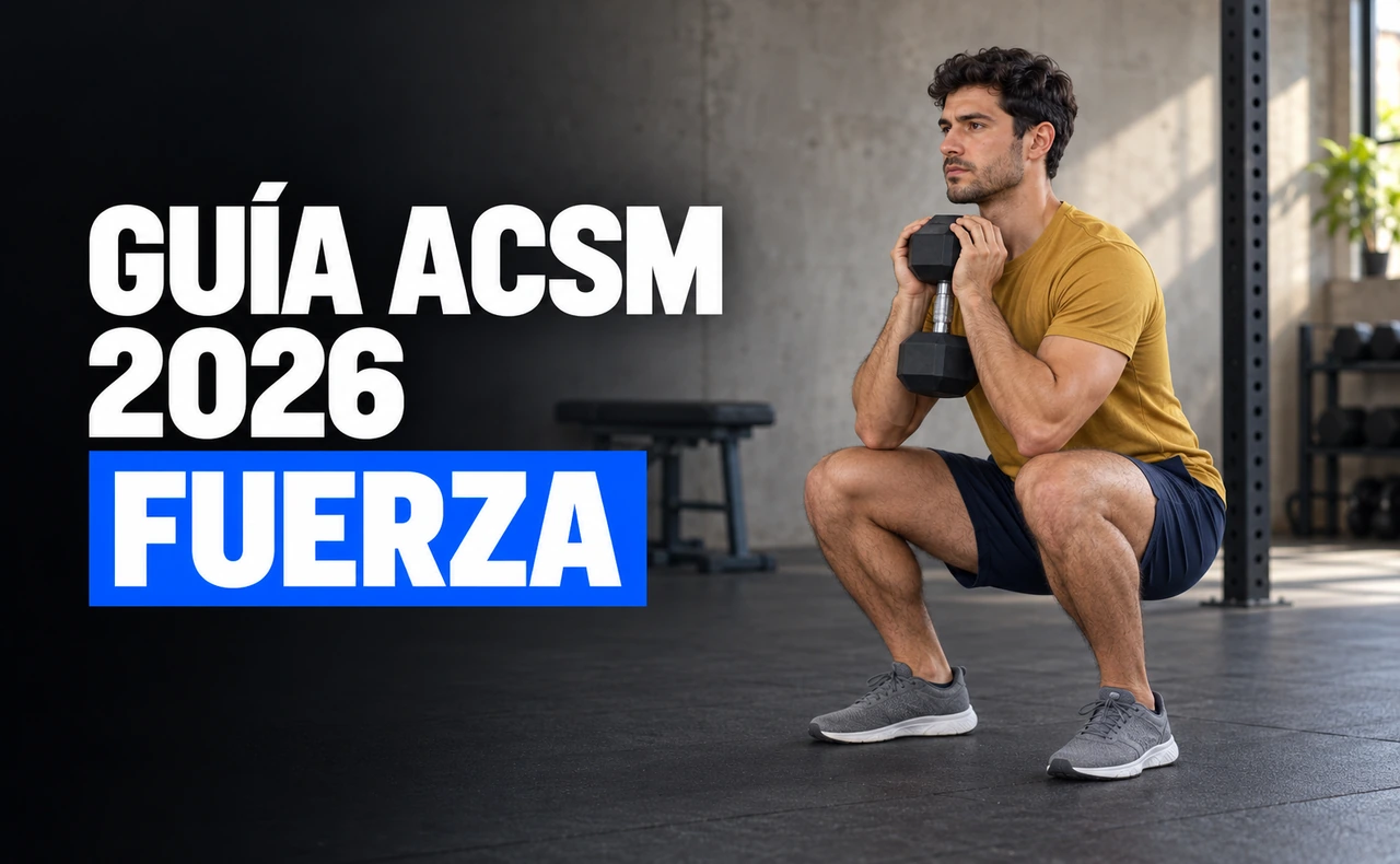 Hombre joven de aspecto deportivo realizando una sentadilla goblet con una mancuerna, junto al titular «Guía ACSM 2026: fuerza».